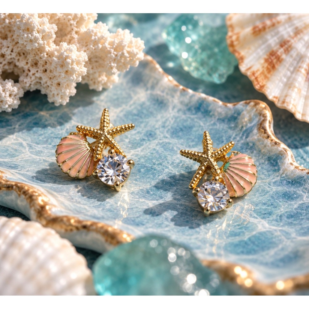 Gold Starfish Pink Seashell Faux Crystal Stud Earrings Coastal Beach Jewelry